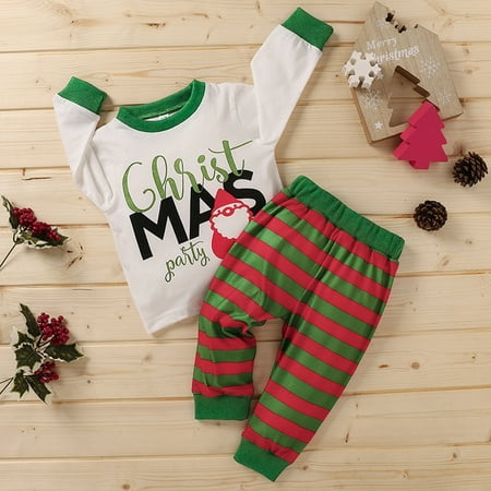 

PEONAVET Christmas Baby Clothes Baby Boy Clothes Toddler Kids Boy Girl XMAS Letter Santa Striped Print T-shirt+Pants Outfits Set