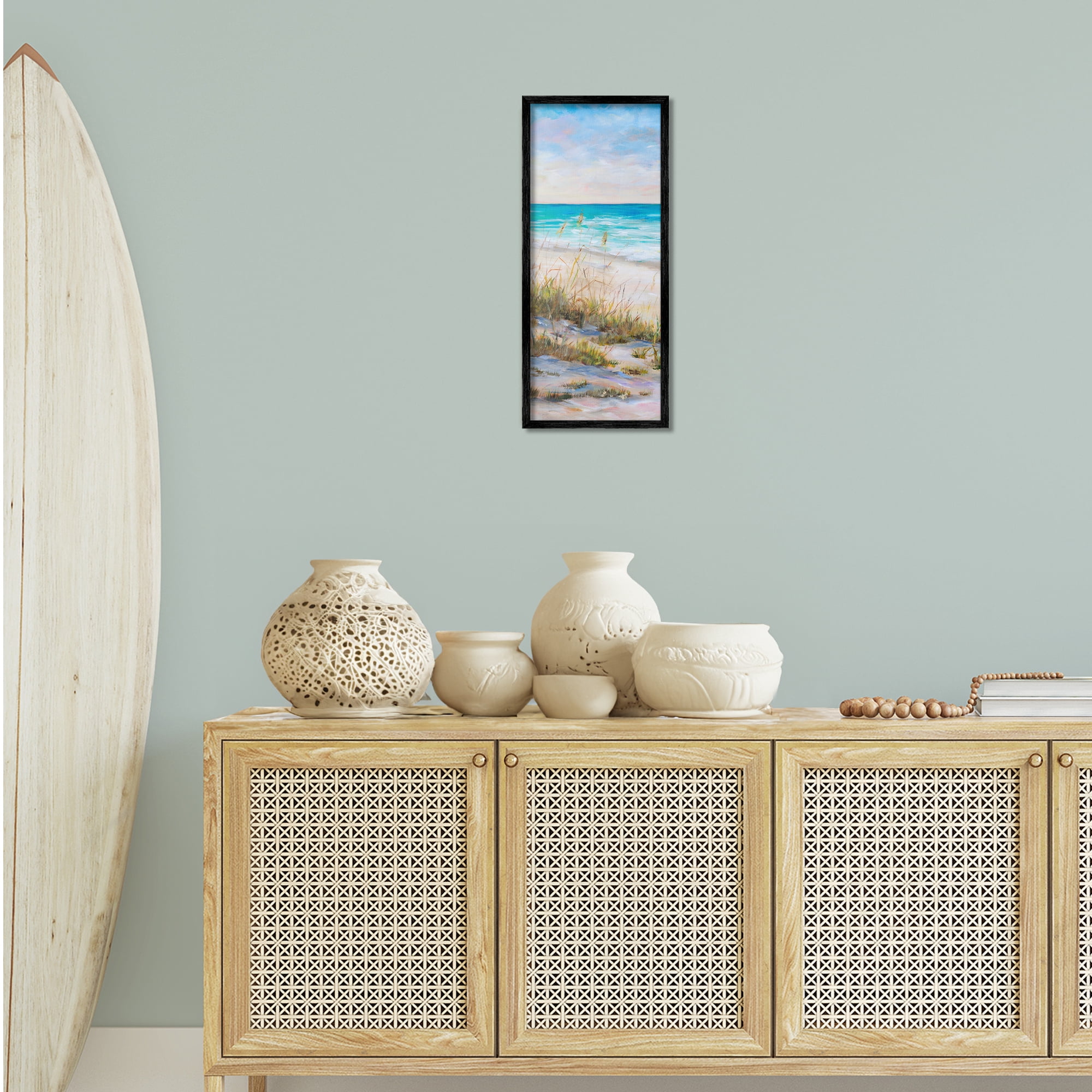 Stupell Industries Peaceful Beach Reeds Landscape Painting Black Framed Art Print Wall Art, 10 x 24