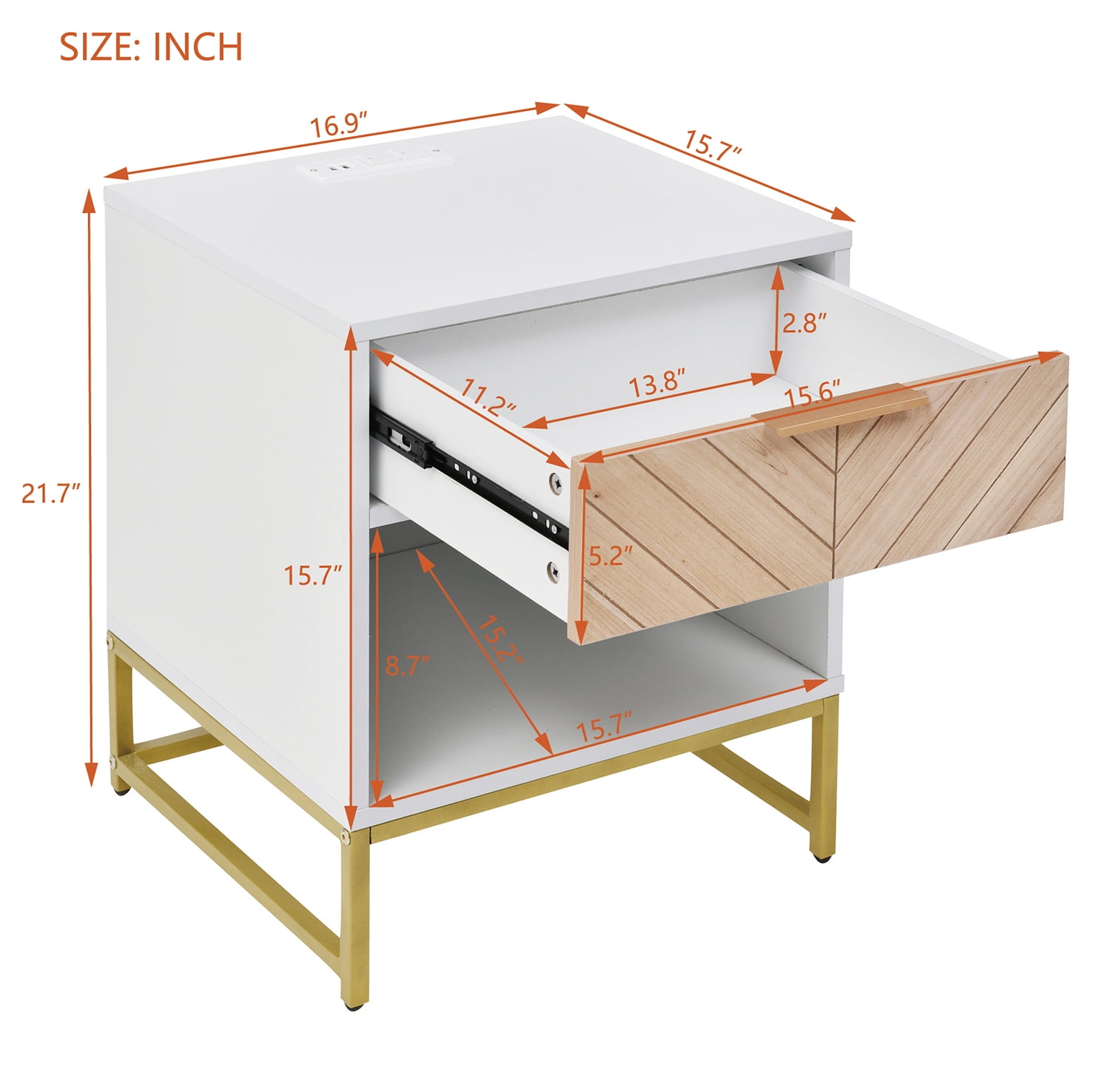Kadyn Modern Nightstand, Bedside Table with USB Charging Station, Nightstand Side Table with Drawer for Bedroom, White+Natural