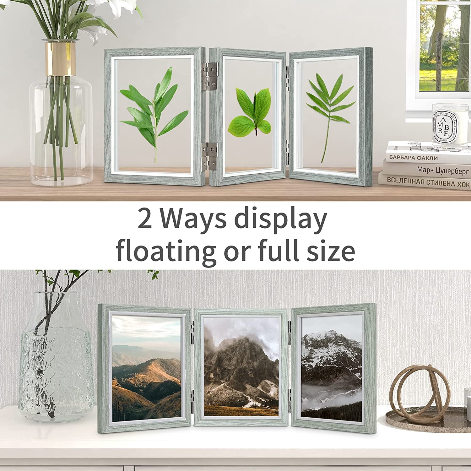 Afuly 5x7 Floating Collage Frame Grey 360° Foldable Hinged Trifold