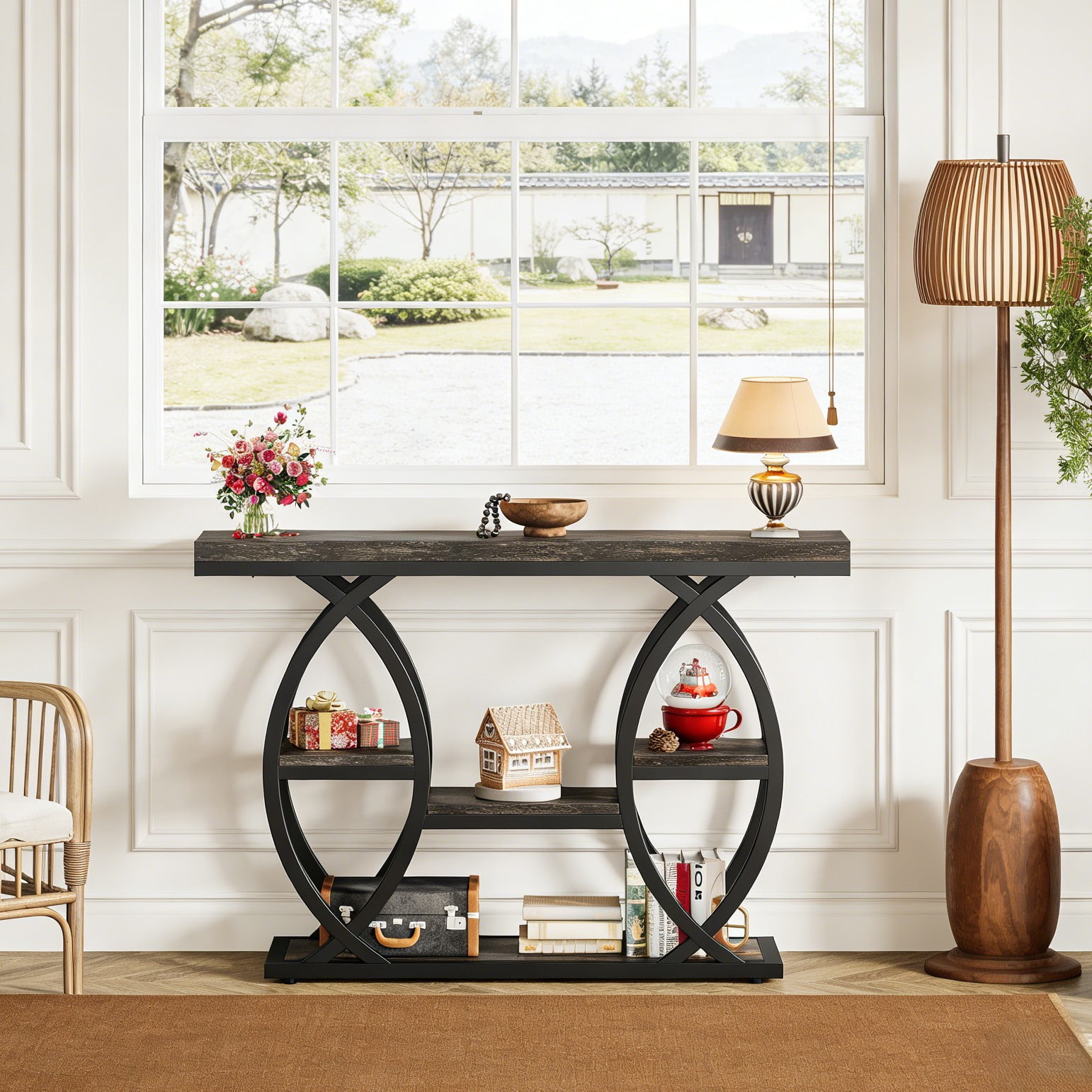 Fnova 39.4" Industrial Console Table, 4-Tier Retro Staggered Storage Shelves, Narrow Wood Accent Table with Metal Frame, for Small Spaces, Entryway, Sofa, Hallway