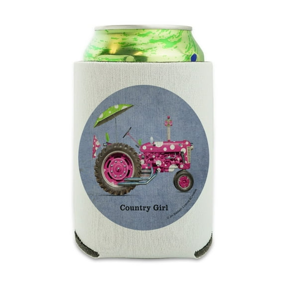 Farm Tractor Country Girl Pink Polka Dot Farming Can Cooler - Drink Sleeve Hugger Collapsible Insulator - Beverage Insulated Holder