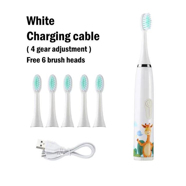 Cepillo de dientes eléctrico para niños, dibujos animados, con cabezal de repuesto, ultrasónico, IPX7, resistente al agua, recargable, sónico