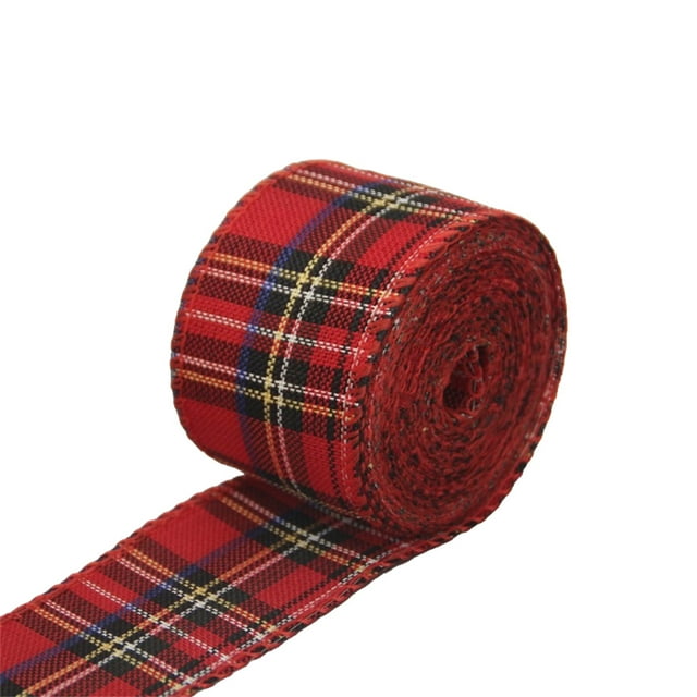 yuarrent cinta de navidad decoración de fiesta portátil 2 ancho 4cm, rollo frontal de cinta tartán rojo y lino con cuadros negros, verdes y amarillos, poliéster con borde cosido, parcialmente desenrollada sobre fondo blanco, ideal para envolver regalos o atar globos en celebraciones.