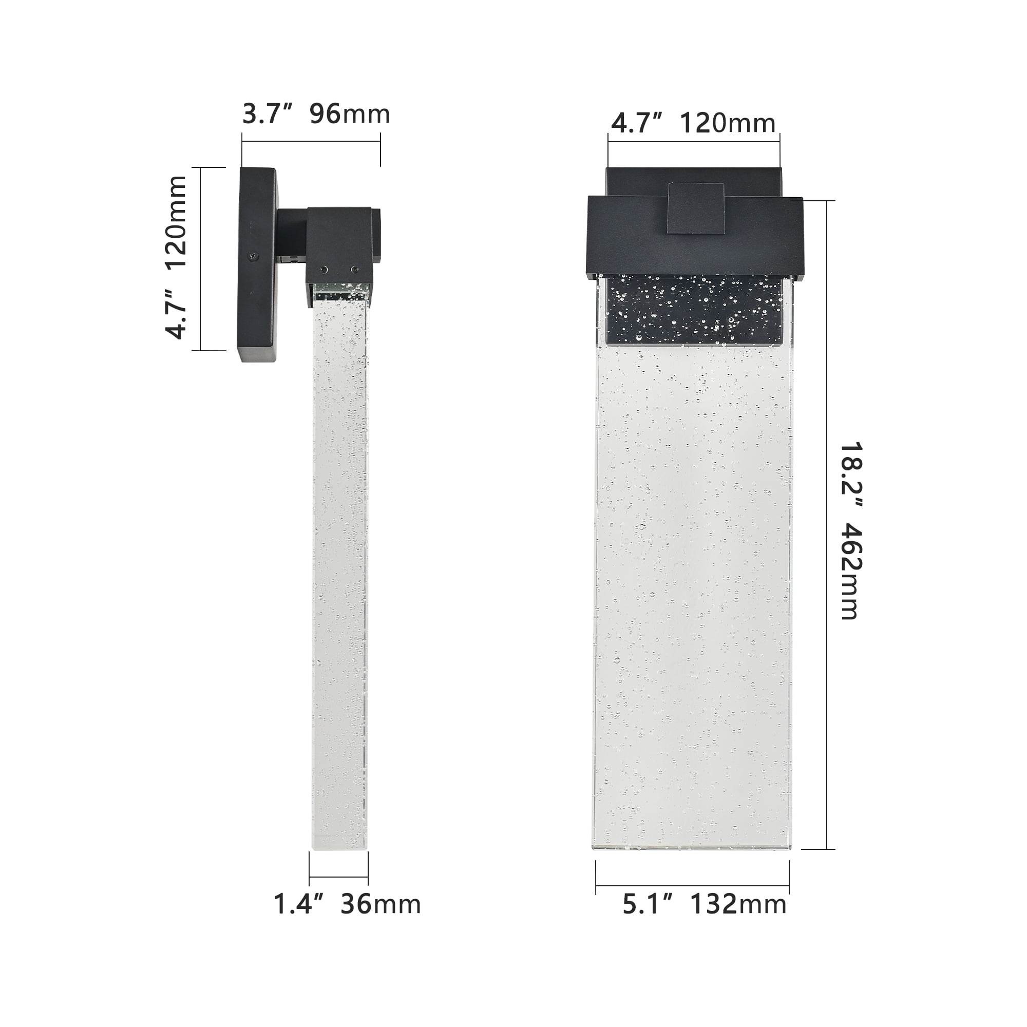 18.2" Front Door LED Outdoor Wall Sconce - Modern Black Aluminum & Bubble Crystal Glass Weatherproof Exterior Light Fixture, 3000K Warm White for Entryway, Garden, Porch