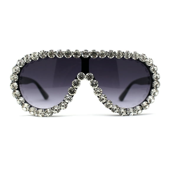 Maximalist Heavy Rhinestone Iced Plastic Racer Shield Sunglasses Black Smoke