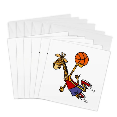 3dRose, Funny Cute Giraffe Playing Basketball Slam Dunk Sports Cartoon, 6 Greeting Cards with envelopes