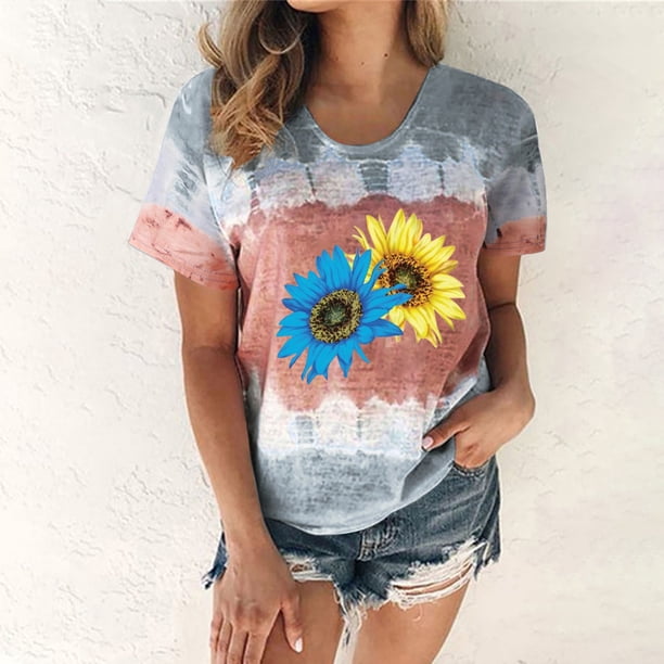 Fiudx Ofertas Del Día Moda Mujer Verano Sexy Gradiente Impresión Regular Cuello Redondo Mujeres Manga Corta Top