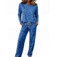 thumbnail image 5 of Pajamas For Women Leopard Print Loungewear Set Crew Neck Long Sleeve Top And Drawstring Wide Leg Pants Two Piece Pajama Set, 5 of 6