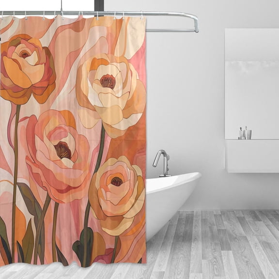Yayeee Shower Curtain with Hooks 72"x72" Waterproof Fabric Bathroom Hanging Decor, Abstract Orange Flowers