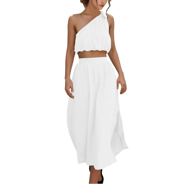 Gibobby Vestido largo de verano para mujer Falda superior Abertura Traje de dos piezas Mujeres Long Beach Set Maxi Solid Trajes y conjuntos de mujeres(Blanco,G)