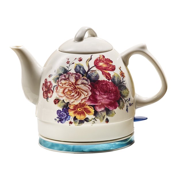 English Garden Electric Tea Kettle White Ceramic with Floral Rose