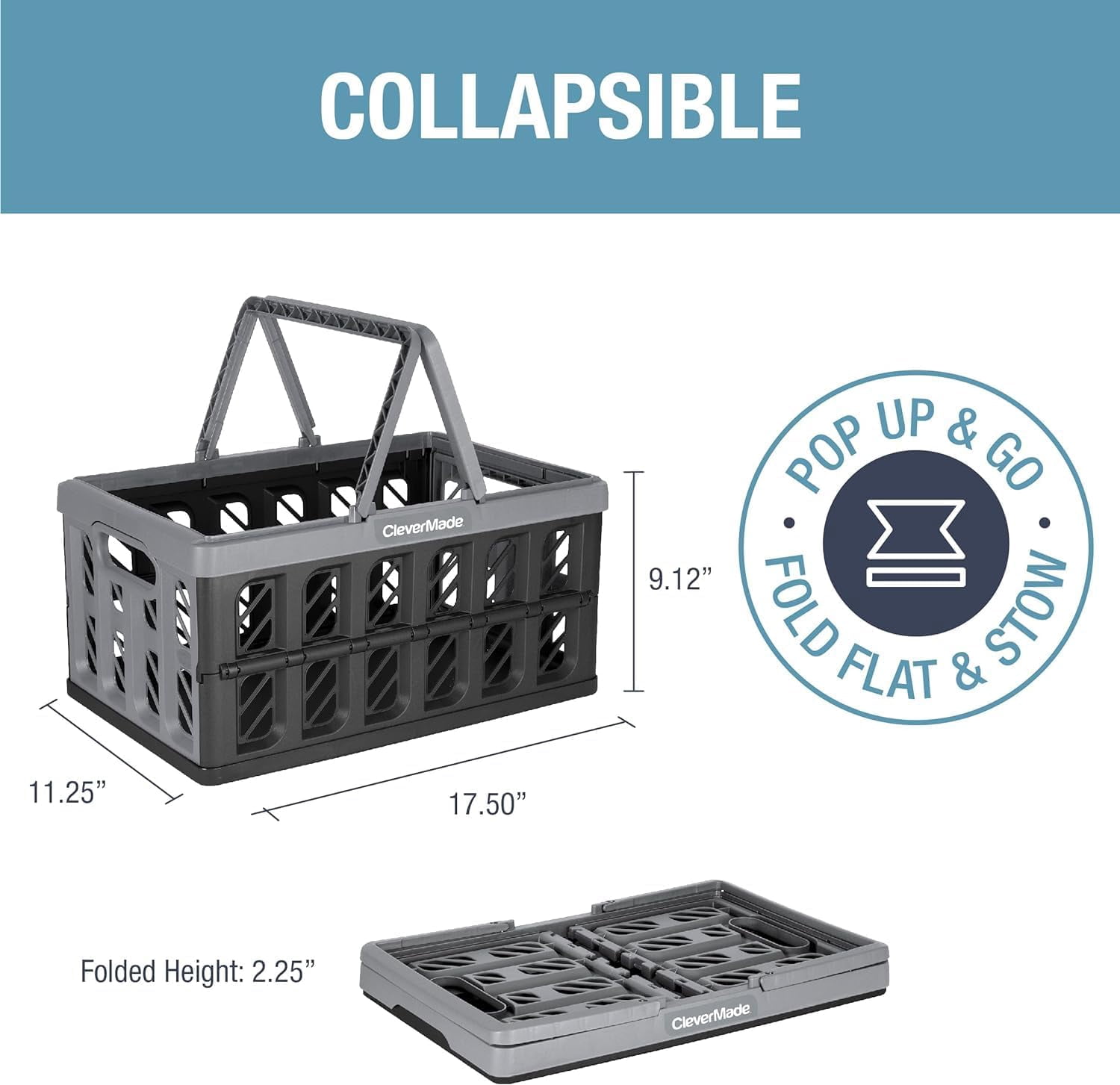 CleverMade Eco Collapsible Shopping Basket with Handles, 24L Stone, 3 Pack