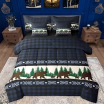 Manfei Jungle Wildlife Bear 7-Piece Twin Bedding Sets,Rustic Farmhouse Cabin Bedding Comforter Set,Blue Black Checkered Sheet Sets For Men Women,Breathable Home Decor Reversible