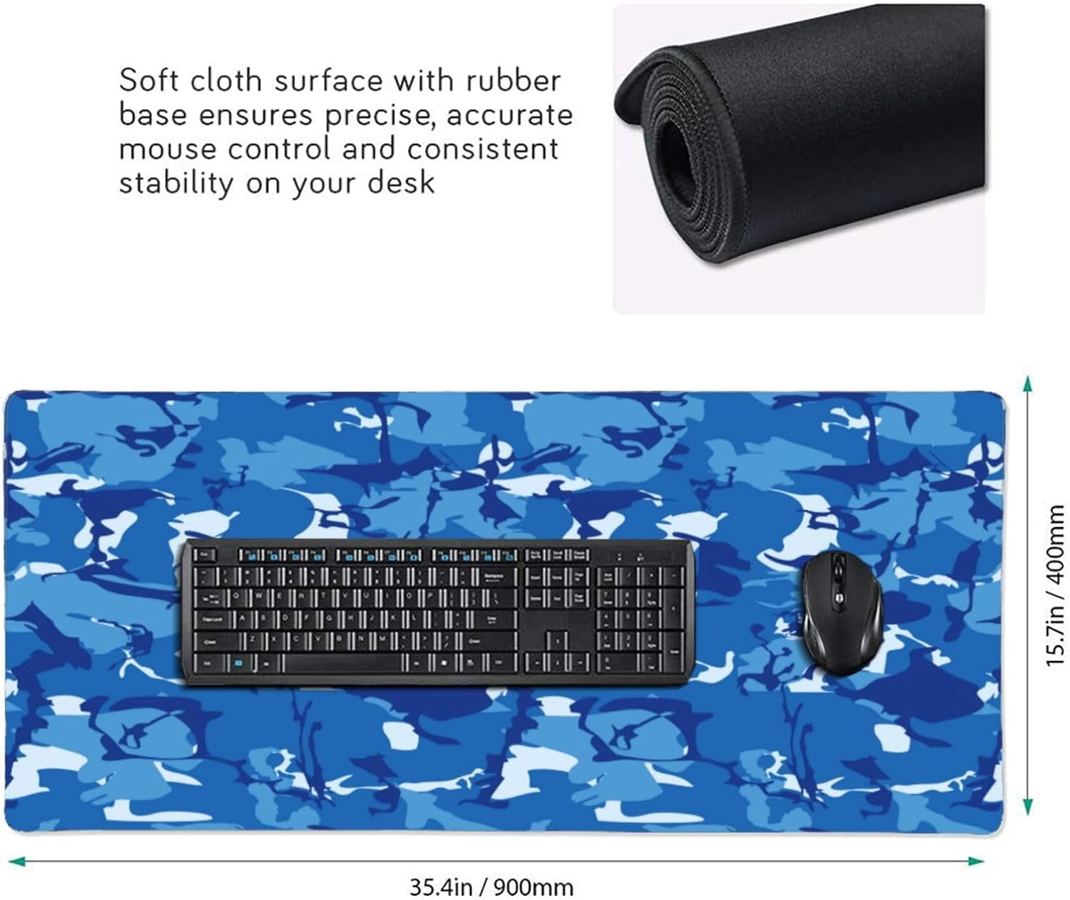 Gaming Mouse Pad Large Desk Mat,Desk Pad Extended Keyboard Pad,Anti-Slip Rubber Base Mouse Pad for Women Girls Work,Game,Office,Home 35.4"X15.7",Blue Camouflage