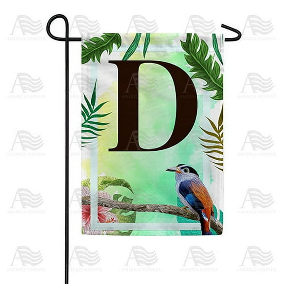 America Forever Tropical Summer Monogram Garden Flag Letter D 12.5 x 18 inches Palm Leaves Hibiscus Coastal Bird Double Sided Vertical Outdoor Yard Lawn Decorative Red Floral Garden Flag