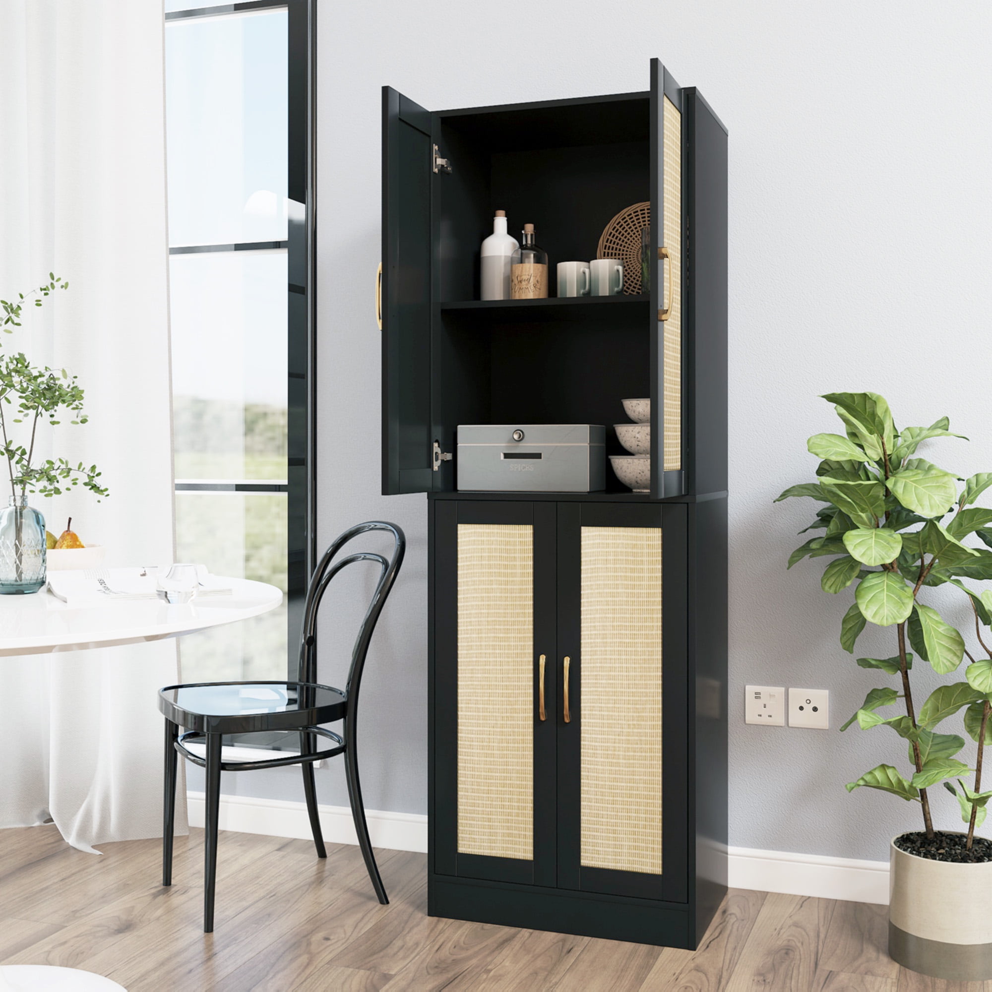 BOCVKENN Storage Cabinet - Kitchen Pantry Cabinet, Tall Pantry Storage Cabinet Freestanding with 4 Rattan Doors and Adjustable Shelves, Cupboard Cabinet for Dining Living Room, Laundry, Bathroom