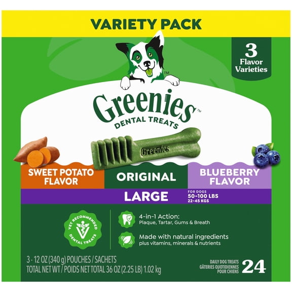 Greenies Adult Natural Dental Dog Treats 3 Flavors, Large Size, (3) 12 oz Packs (24 Count)
