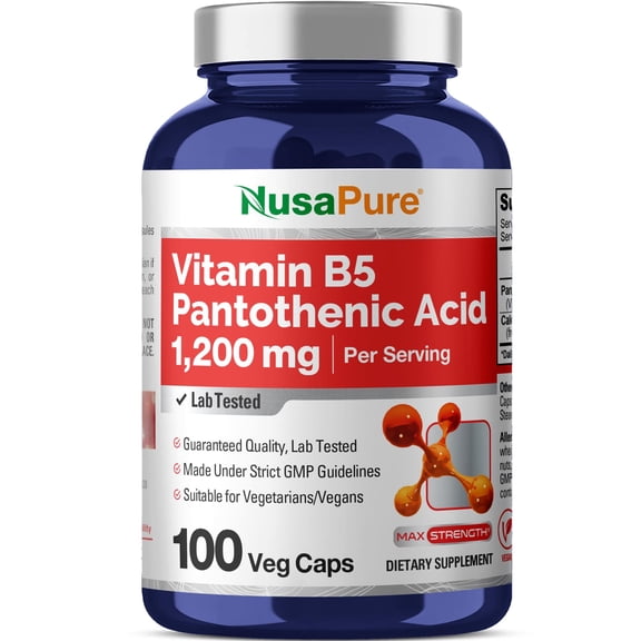 NusaPure Vitamin B5 Pantothenic Acid 1,200mg Per Serving 100 Caps Vegetarians Vegans, Non-GMO Dietary Supplement