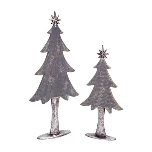 Melrose Glittered Wooden Pine Tree Christmas Silhouettes – 27" – Brushed Gray – Set of 2