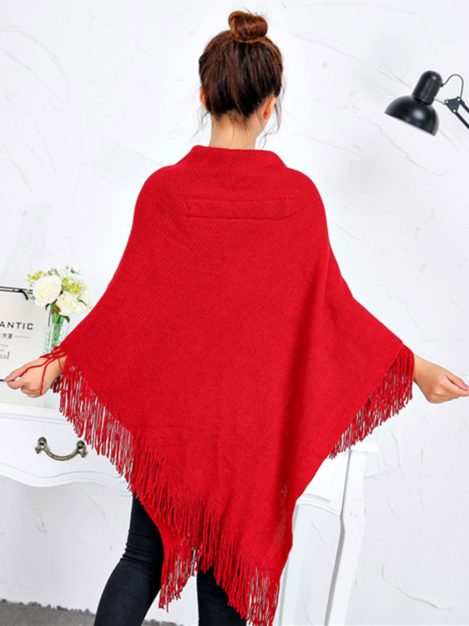 Poncho Sweater Women Oversized Horn Buttons Knit Poncho Cape Coat Cardigan Shawl Tassel Wrap Sweater for Women - image 4 of 7