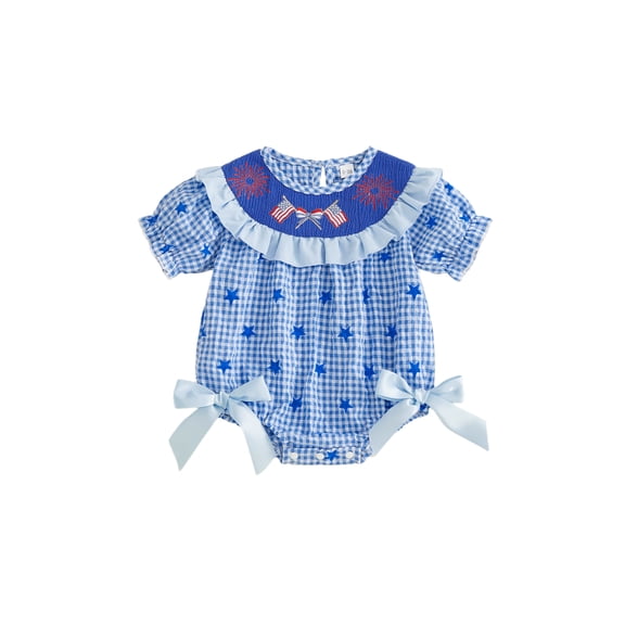 BemeyourBBs Newborn Baby Girl 4th of July Outfit Baby Girls Patriot Independent Day Clothes Smocked Bubble Romper with Bows Plaid Star American Flag Short Sleeve Bodysuit Playsuit Jumpsuit