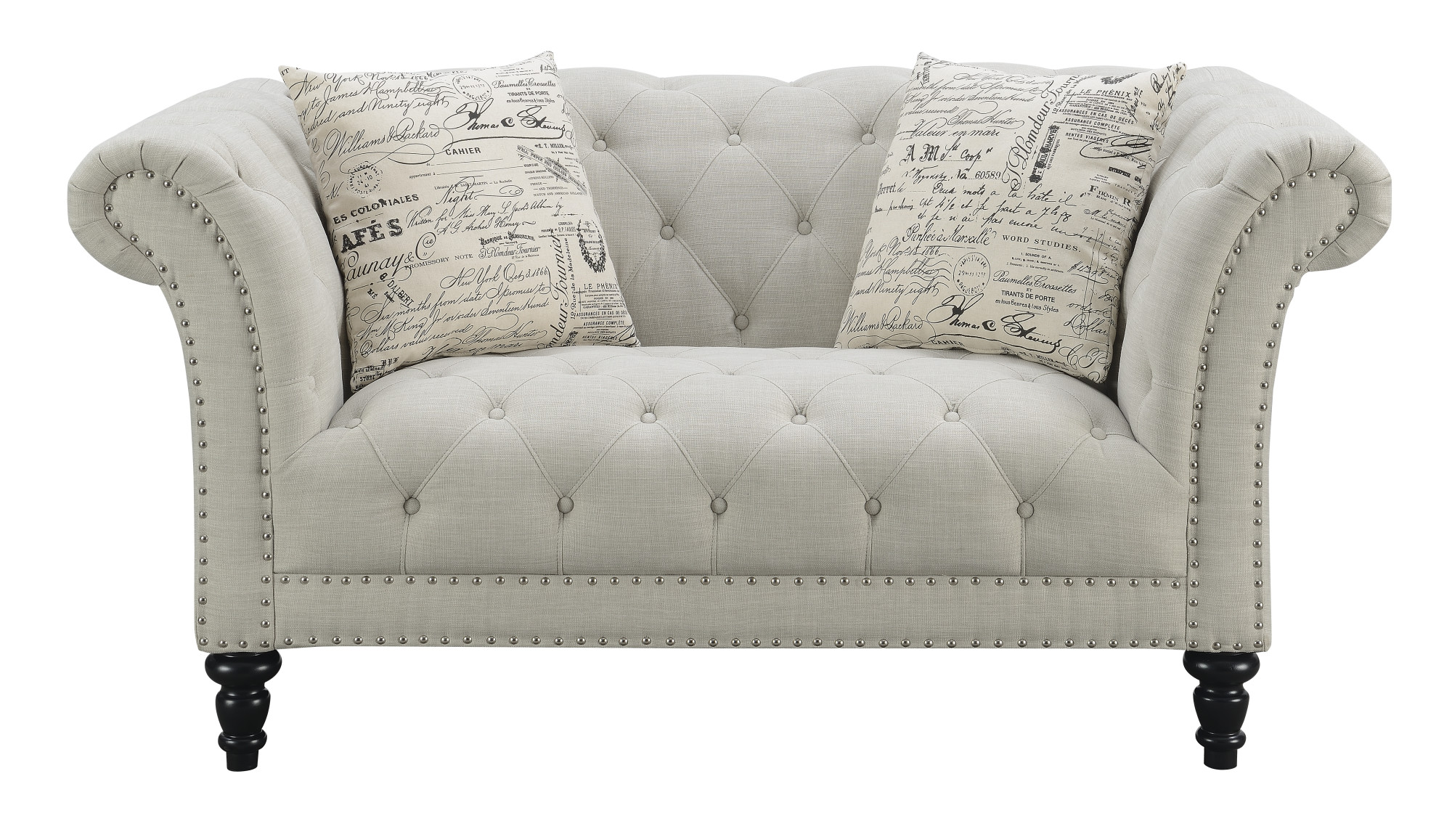 Emerald Home Hutton II Ivory Loveseat, with Pillows, Button Tufting