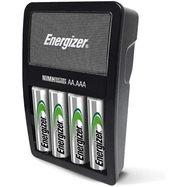 Energizer Rechargeable AA and AAA Battery Charger (Recharge Value) with 4 AA NiMH rechargeable batteries. Designed for household use, this black charger features a charging status indicator and automatic safety shut-off. It charges 2 or 4 AA/AAA NiMH batteries in 5 to 11 hours, offering an economical solution for powering devices. Includes four pre-installed Energizer AA rechargeable batteries.