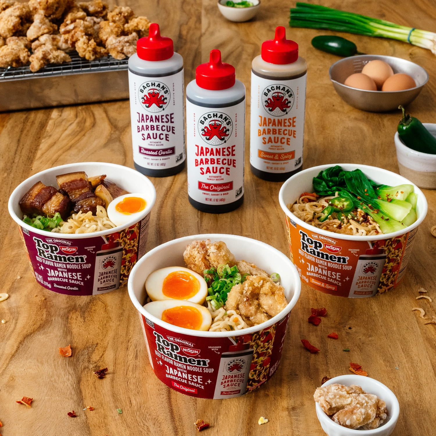 (6 pack) Nissin Top Ramen Bachan's Beef Ramen Bowl with Bachan's Roasted Garlic Japanese Barbeque Sauce