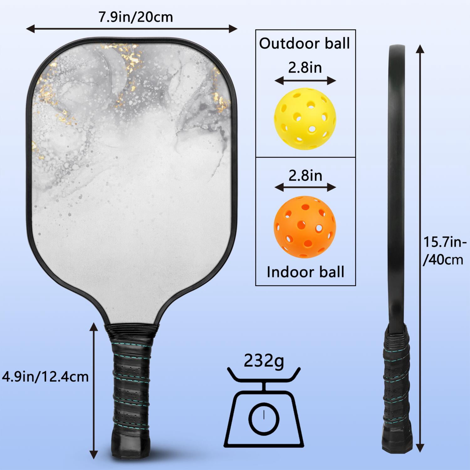 Pickleball Paddles Set Of 2, Fiberglass Surface, Turquoise Marble Pattern, 4 Balls & Bag