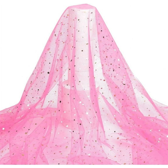 3 Yards(2.74m) Tulle Glitter Fabric Sequin Tulle Fabric Sheer Shiny Netting Fabrics Star Moon Glitter Fabrics Pink