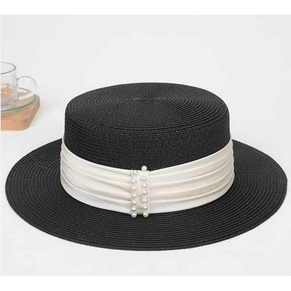 SikaFu French Style Pearl Straw Hat, Women's Summer Beach Sun Hat, Sun Protection Straw Woven Sun Hat, Socialite Style Flat Top Hat