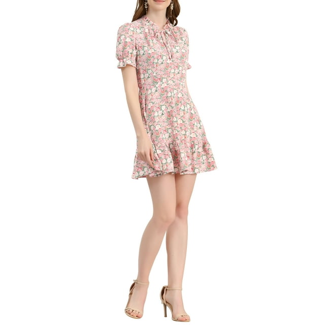 INSPIRE CHIC Robe Évasée à Volants à Fleurs avec Nœud en Mousseline à Manches Courtes Bouffantes pour Femme G Rose-Blanc