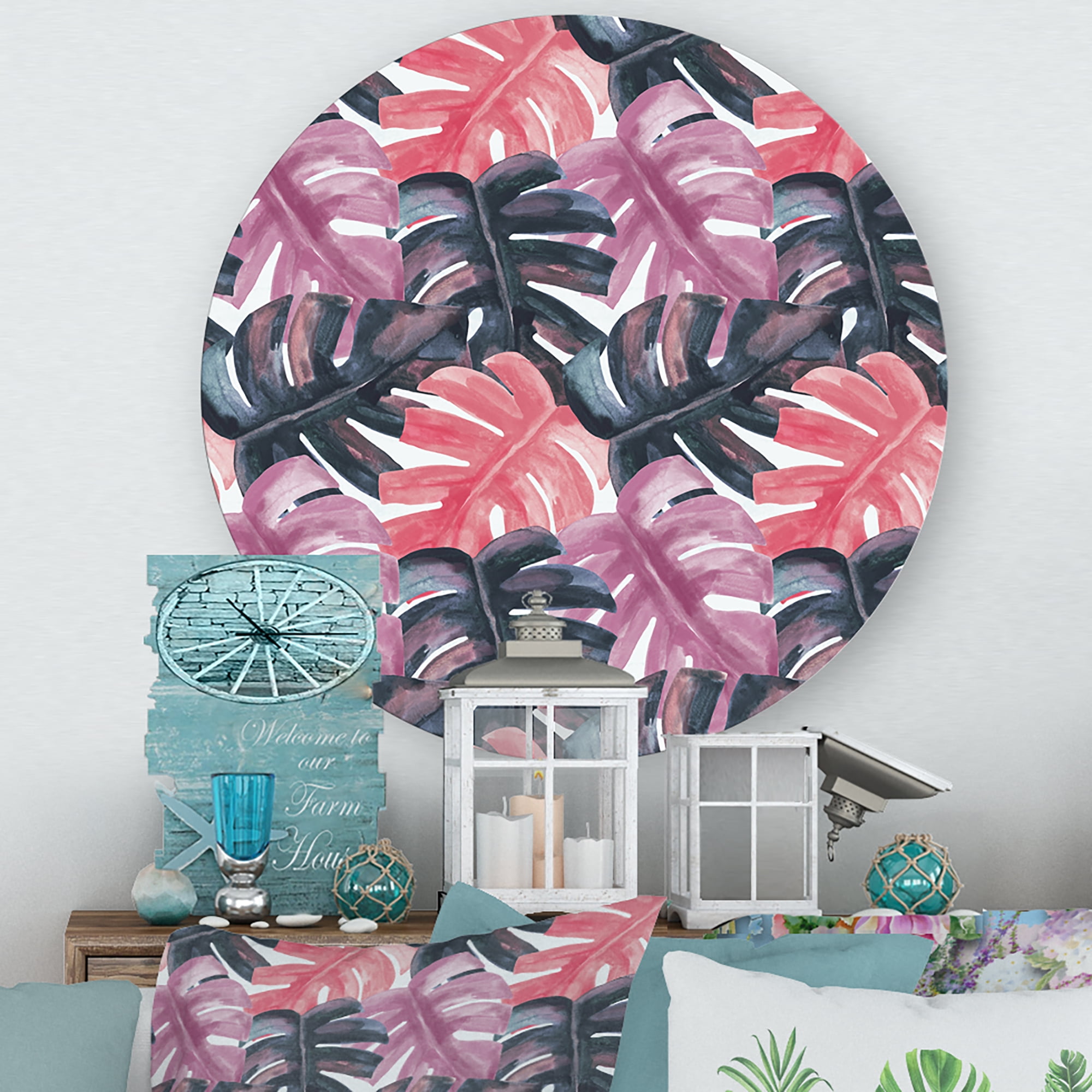 Designart 'Black and Red Monstera On Rough Brush Strokes II' Tropical Circle Metal Wall Art 23x23 - Disc of 23