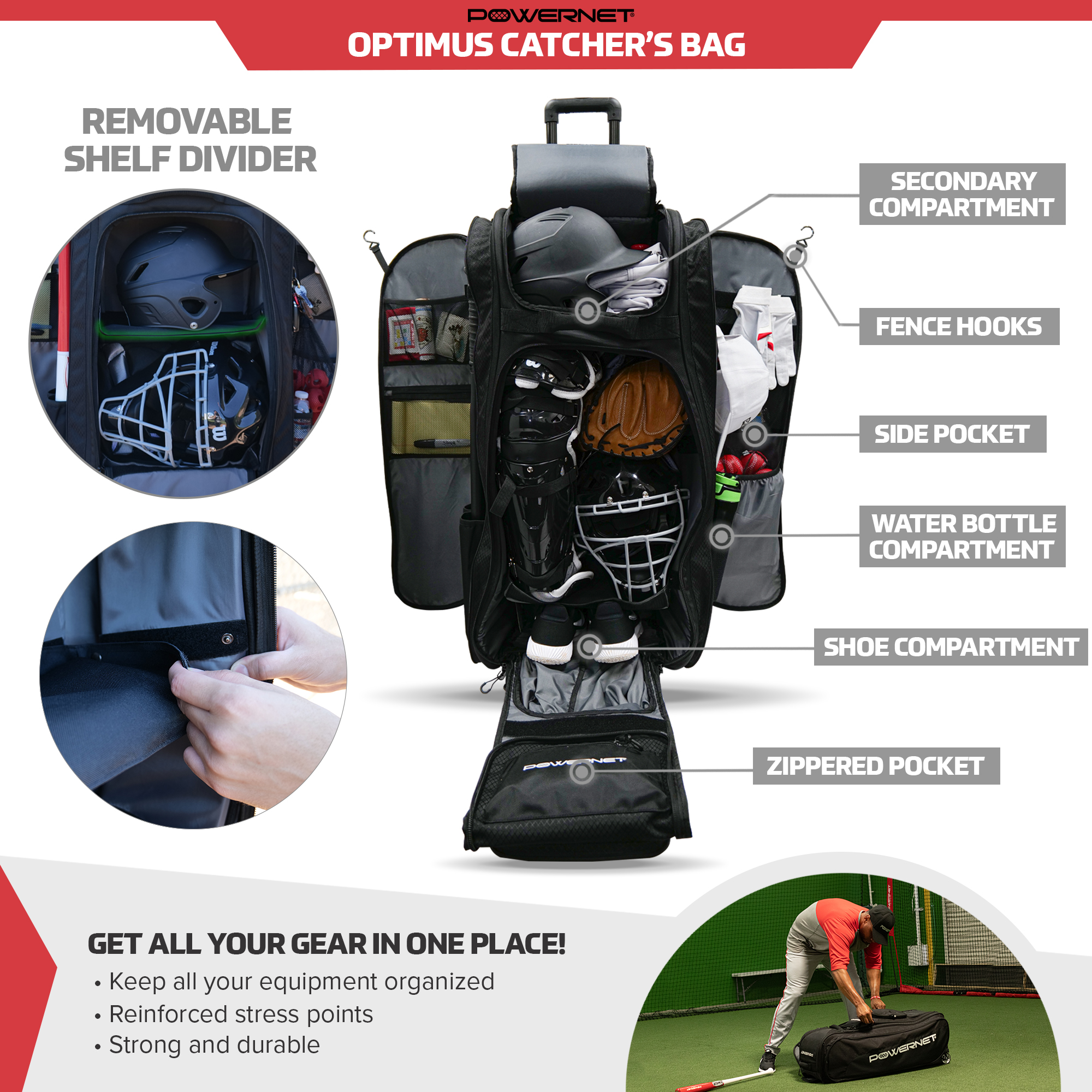 PowerNet Optimus Catcher's Gear Bag, Rolling Baseball Bag Holds All Softball Baseball Gear, Baseball Accessories, 7 Bat Sleeves, Cleat Pocket & Hooks