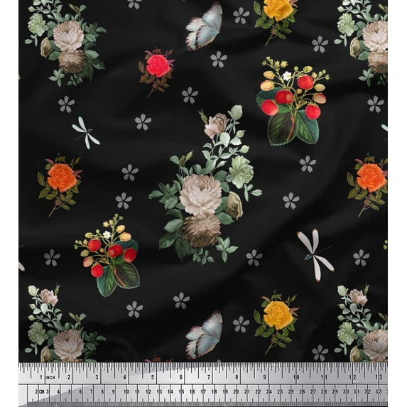 Soimoi Satin Silk Fabric,Strawberry & Peony Floral Decor Fabric Printed Yard 42 Inch Wide