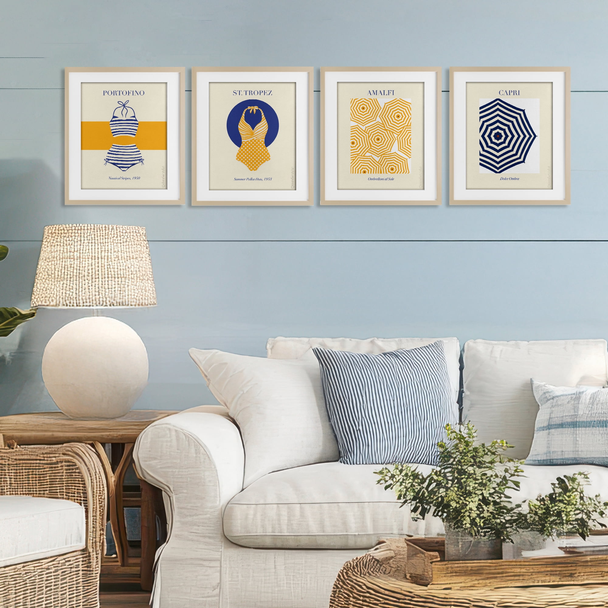 Stupell Industries Retro Beach Vacation Elements 4 Piece Birch Framed Print Under Glass Set, design by A Barefoot Stylist