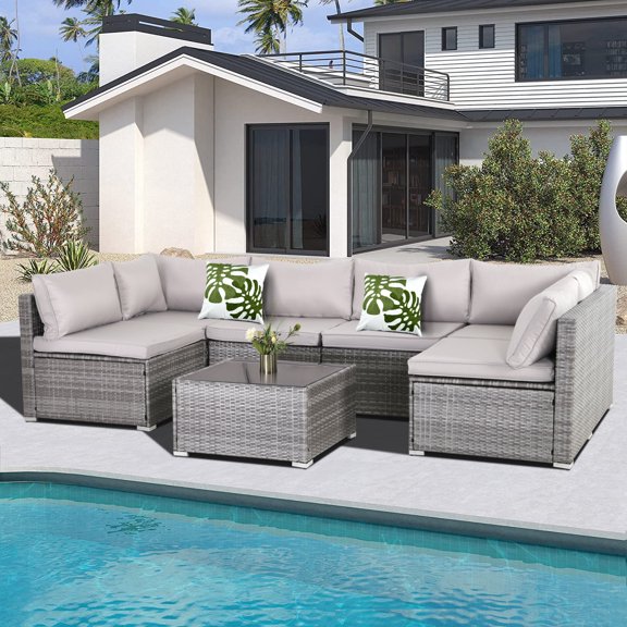 7 Pieces Patio Furniture Set, All-Weather Sectional Sofa PE Rattan Wicker Patio Outdoor Conversation Set with Thickened Cushions and Coffee Table (Red)