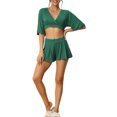 thumbnail image 2 of INSPIRE CHIC Women's V Neck Crop Shirt and Shorts 2 Piece Pajama Set Yoga Flare Sleeve Loungewear M Green, 2 of 5