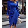 thumbnail image 6 of Dress for Women Round Neck Solid Color Side Split Bodycon Cocktail Long Sleeve Party Midi Dress Blue S, 6 of 7