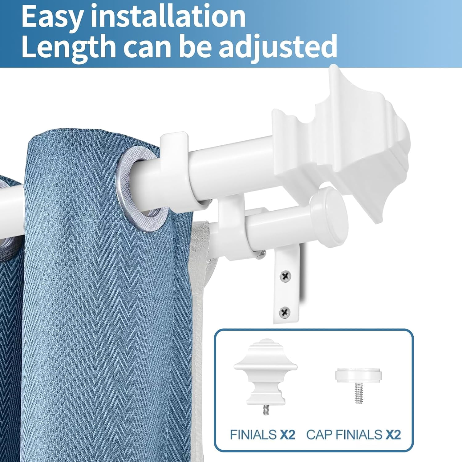 Urbanest Adjustable Double Curtain Rod Set Pila Flat Button Finials – 1″ Front & 3/4″ Back Rod With Glossy White Rod, 28–48 Inches