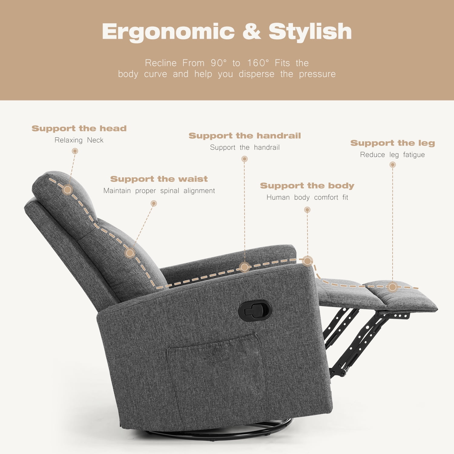 Luxurious Rocking Chair Nursery, Swivel Rocker Recliner for Ultimate Comfort in Your Nursery, Living Room, and Bedroom, Gray