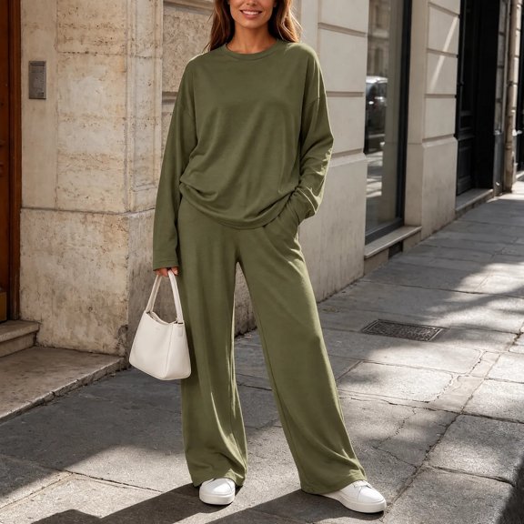 Plus Size Women's Casual Sets Fall 2 Piece Outfit Long Sleeve Round Neck Top and Wide Leg Pants with Pockets Lounge Set