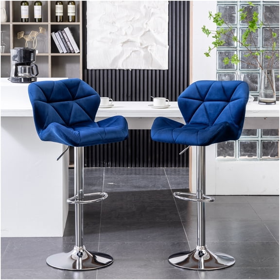 Set of 2 Blue Velvet Swivel Bar Stools with Adjustable Height and Tufted Back