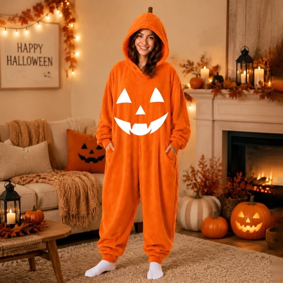 Halloween Pumpkin Hooded Onesie Adult Jack O Lantern Halloween Costume Plush Fleece Pajama Set, Full Body Flannel Jumpsuit for Couples Matching Fall Sleepwear Pajamas