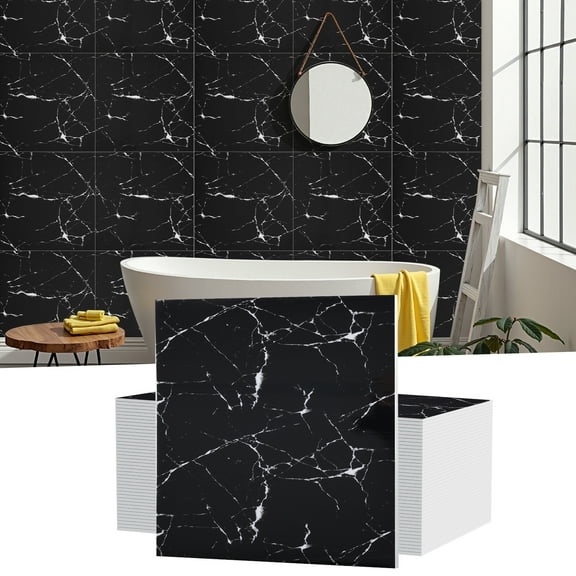 20PCS Waterproof Marble Peel and Stick PVC Shower Wall Panels Bathroom Backsplash Tile Stick on Wall for Bedoom Kitchen Living Room Black