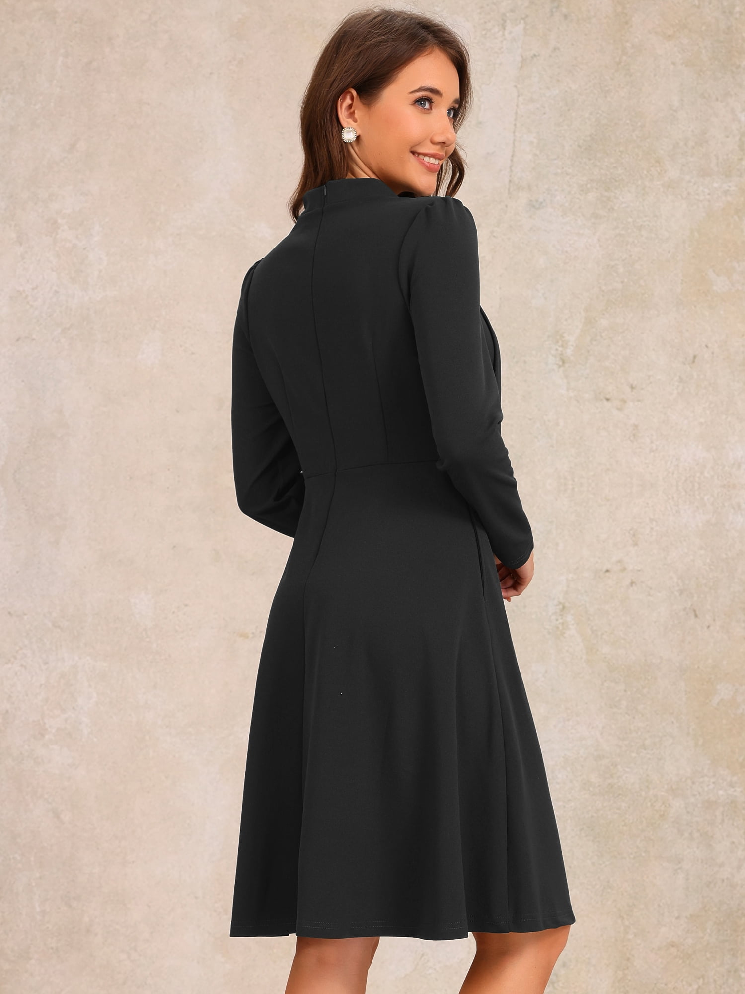 DARING DIVA Collar Tie Mock Neck a Line Elegant Midi Dress M Black