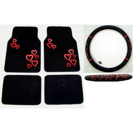Pink Multi Color Hearts Combo Front Rear Carpet Floor Mats Pink Multi Color Hearts Combo Front Rear Carpet Floor Mats Steering Wheel Cover Mat By La Auto Gear
