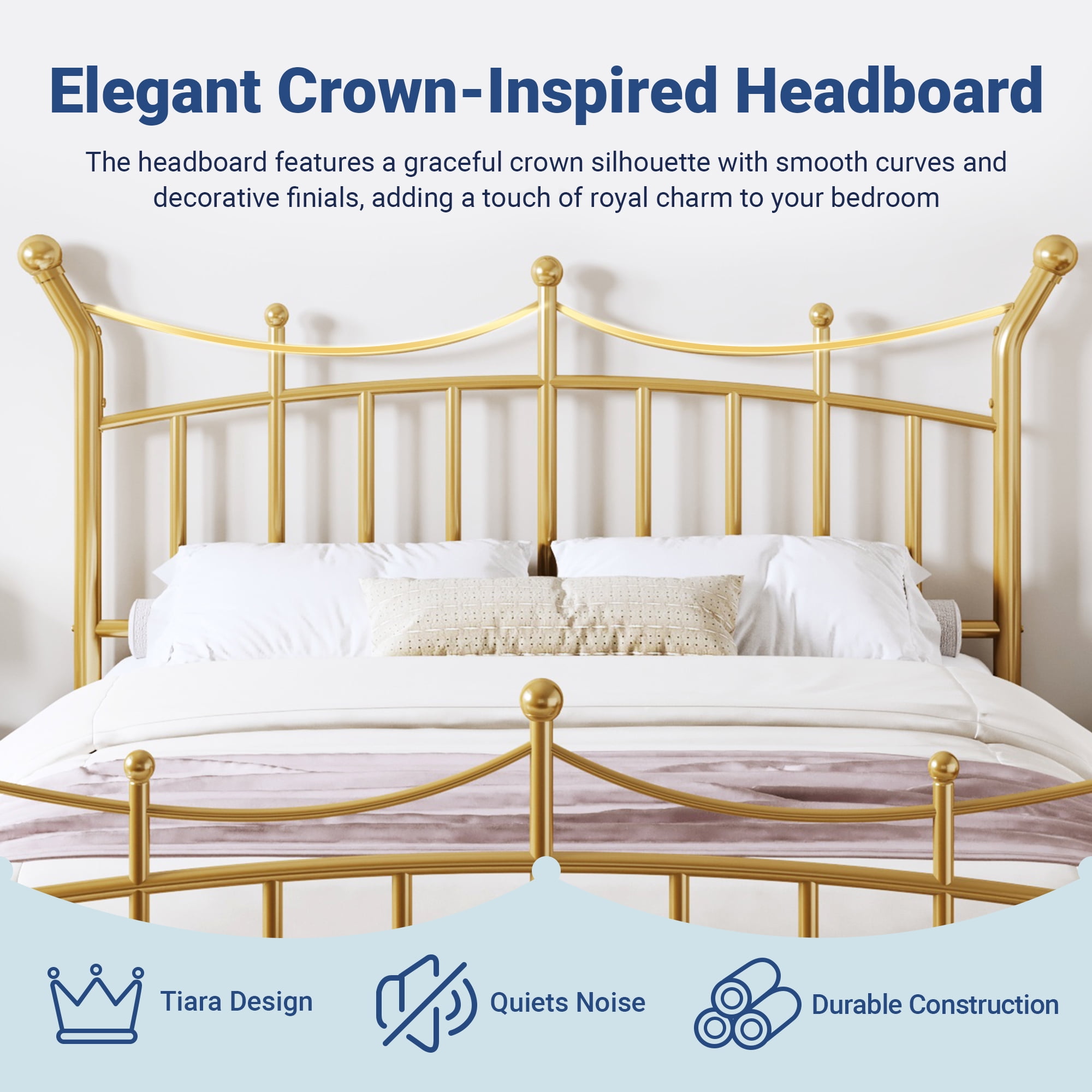 Allewie 14 Inches Queen Size Metal Platform Bed Frame with Elegant Crown Headboard & Footboard, Sturdy Mattress Foundation with Under-Bed Storage, Easy Assembly, No Box Spring Needed, Gold