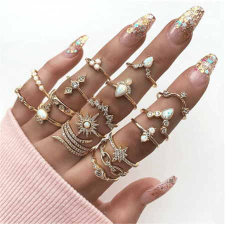 Multi Finger Rings for Women Ring Set Under 10 Dollars Decoration Jewelry  Piece Ring Ring Boho Style Jewelry Set Party Diamond 17 Rings (as Show, One